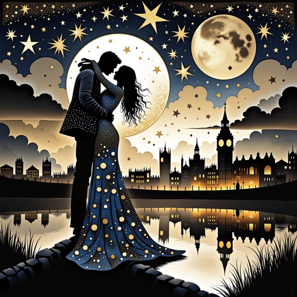 <lora:Art Duced:1.0> "Beautiful couple in streets of London, Street lights, beautiful garden, flowers, beautiful sky , romantic , javellarie...
