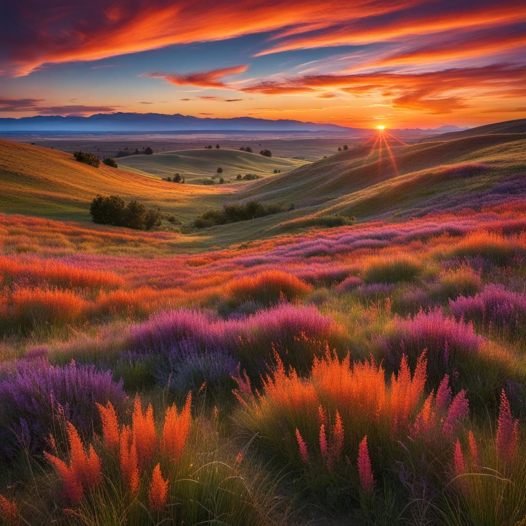 Picture an expansive landscape bathed in the warm hues of a ...