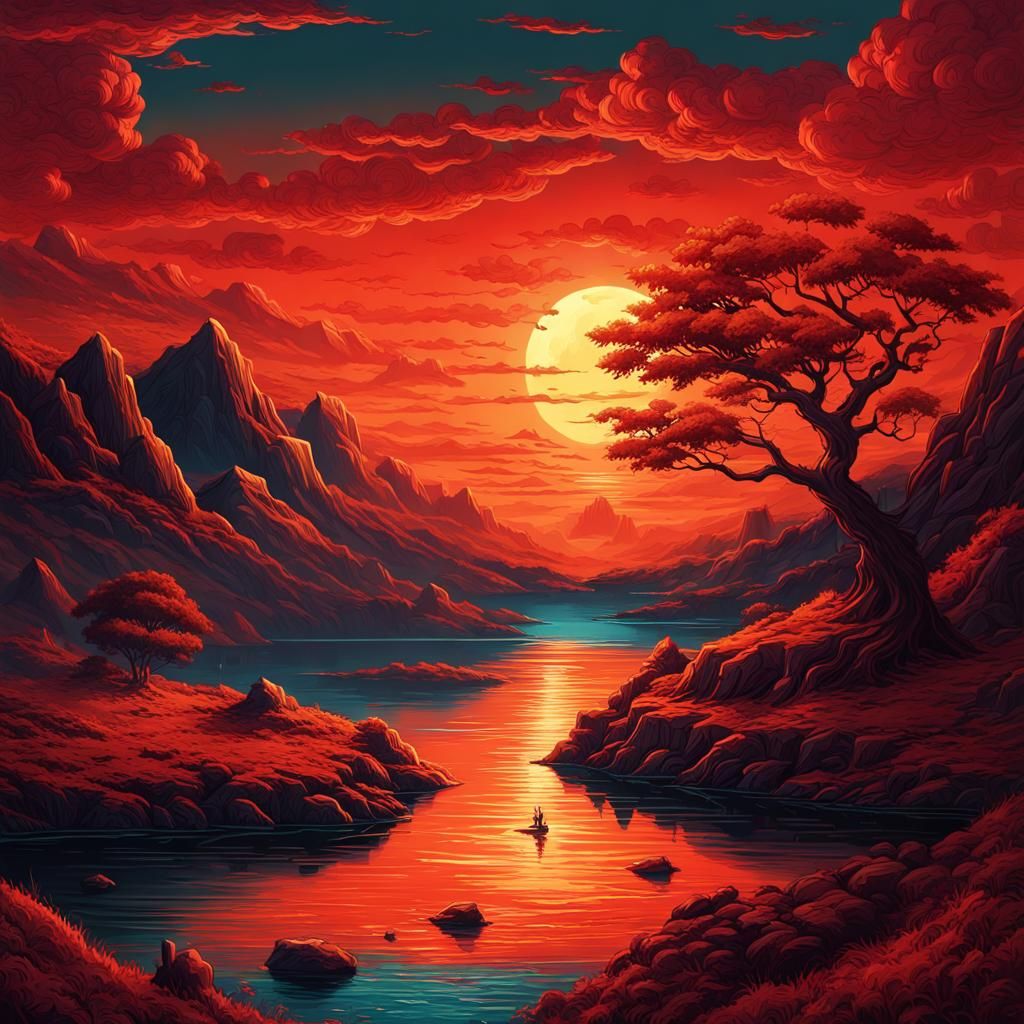 A painting of a sunset over a body of water, a digital painting, by Dan Mumford, fantasy tree, blood ...  by @Challenge