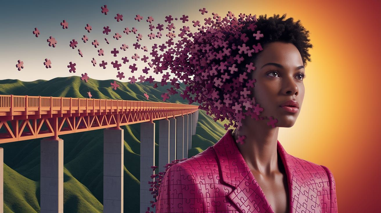 A stunningly beautiful bridge over a green canyon appears to be disintegrating into vibrant puzzle pieces, each piece radiating with hyper-d...