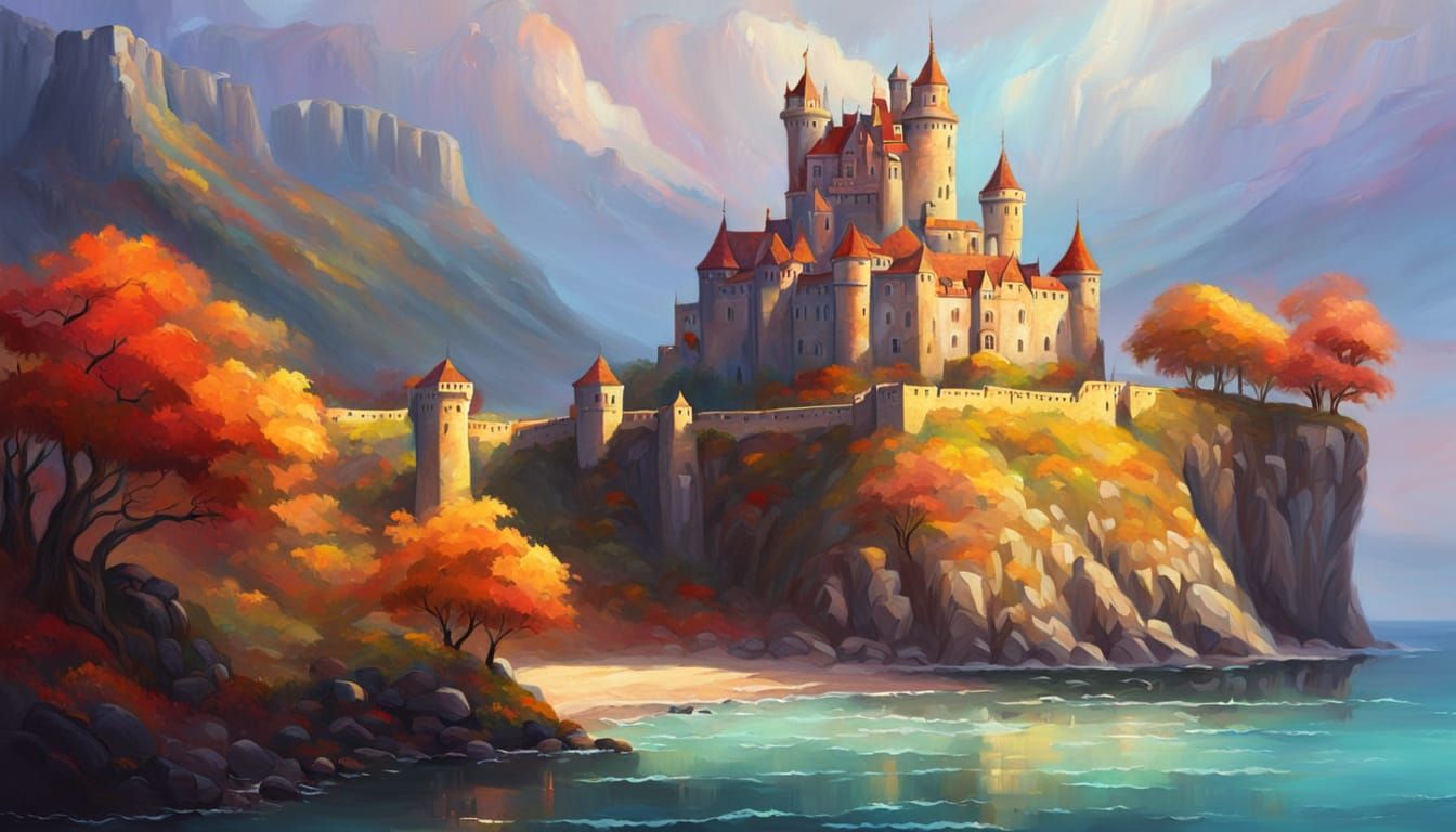 Elaborate oil painting. A serene castle on a cliff top overlooking the ocean, bathed in the soft glow of an enchanted colorful bright autumn...