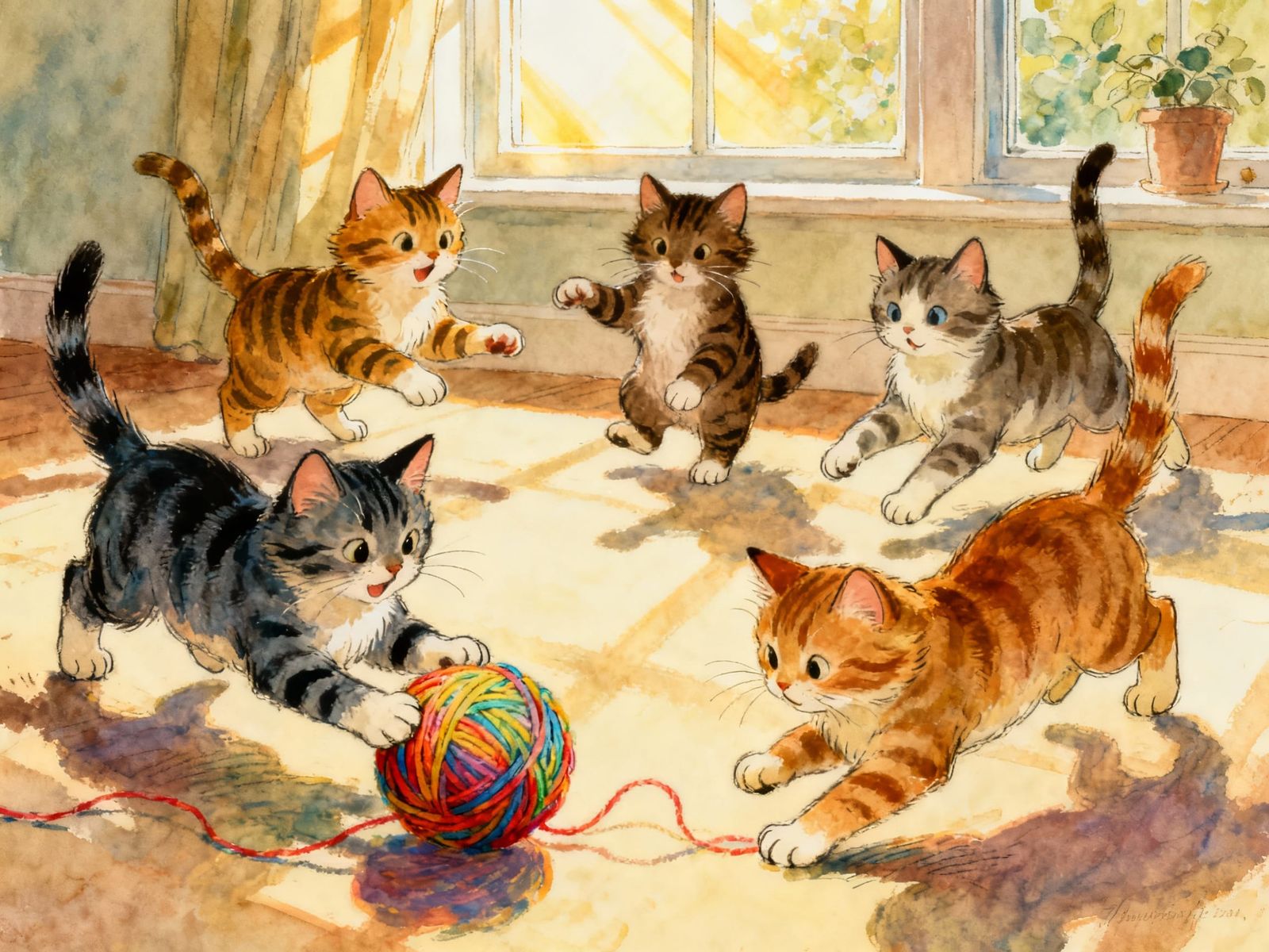 five cats play together with a colorful ball of wool, by Brian Paterson, Quentin Blake, Tony DiTerlizzi and Holly Hobbie