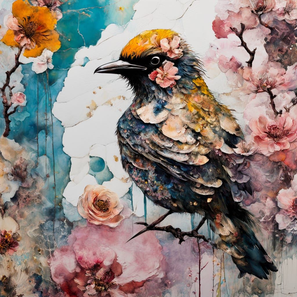 “Blossom Bird” Painterly double exposure collage; encaustic paint; Wangechi Mutu, Anselm Keifer, Carne ...  by @Jas