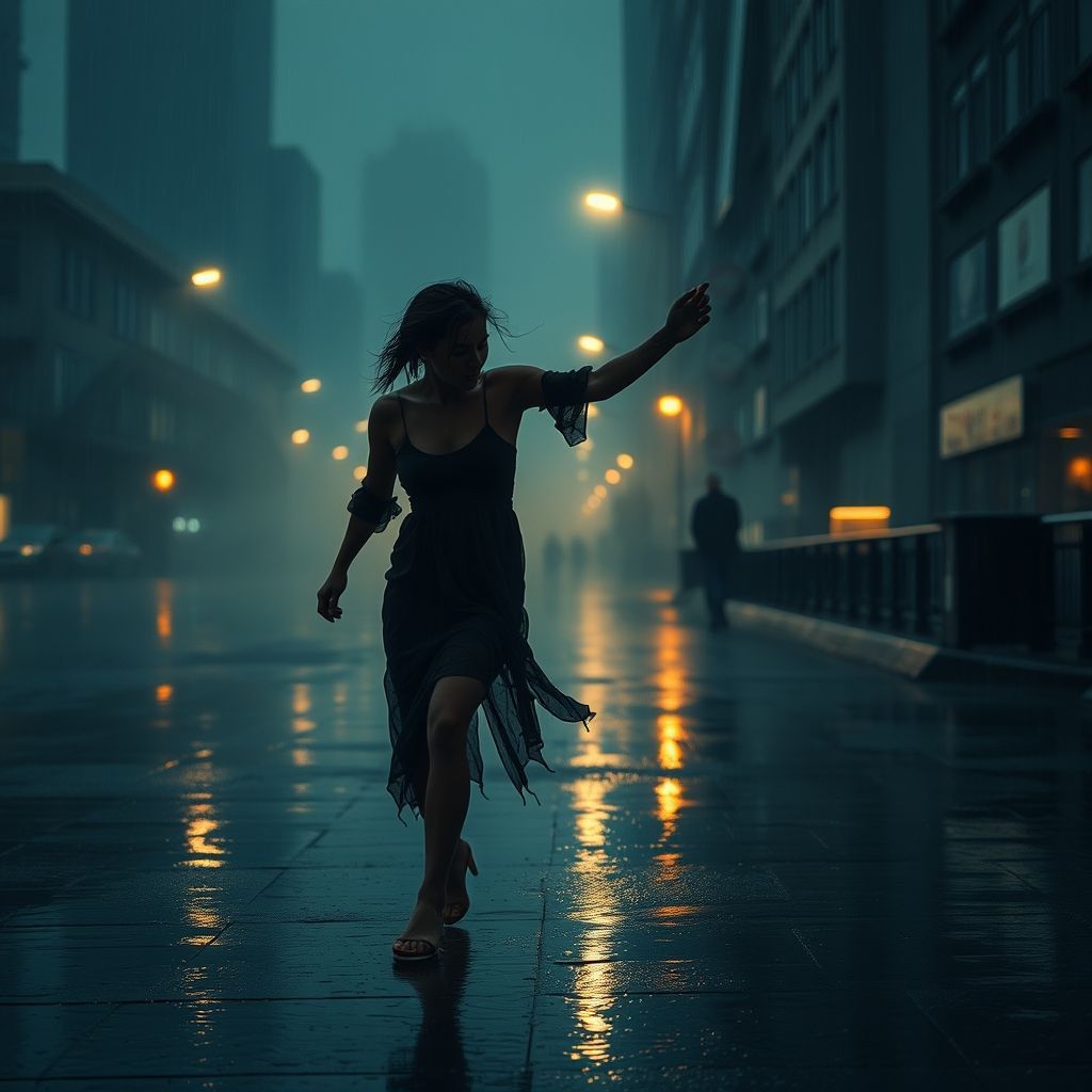 Lone figure, dancing in the rain,