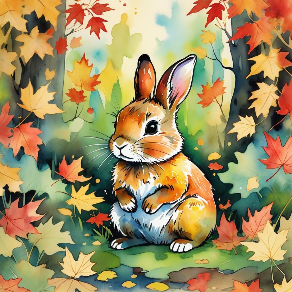 Bunny in Garden: Whimsical Ink Illustration