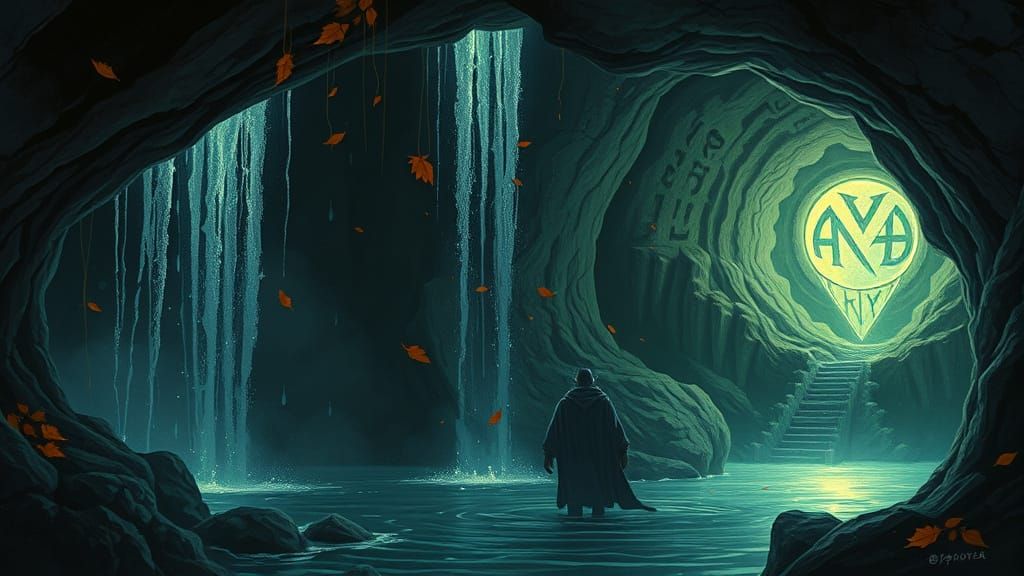 An adventurer searches a hidden cave for an ancient temple