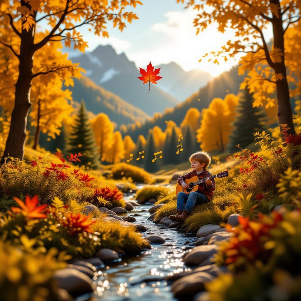 A professional close-up photograph of a tiny, intricate, highly detailed microcosm of a realistic, well-lit autumn scene, with yellow and or...