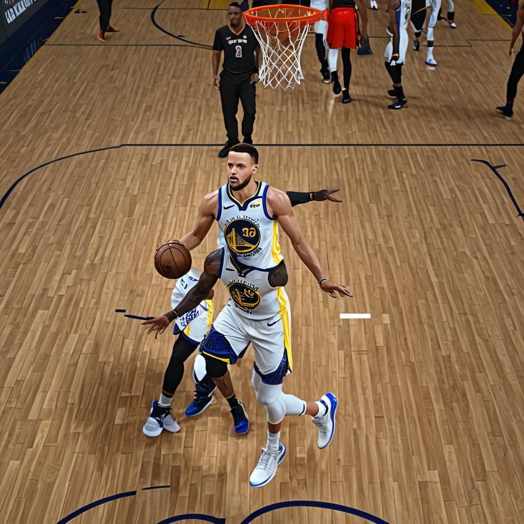stephen curry on a nba court shooting over lebron james