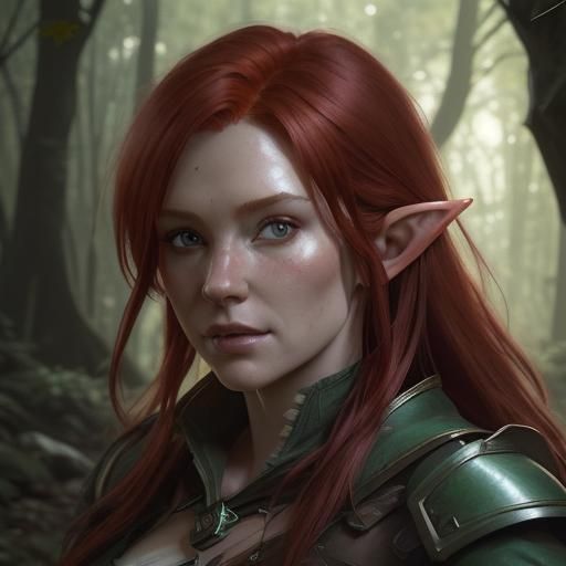 Red Haired Half elf ranger in the woods



