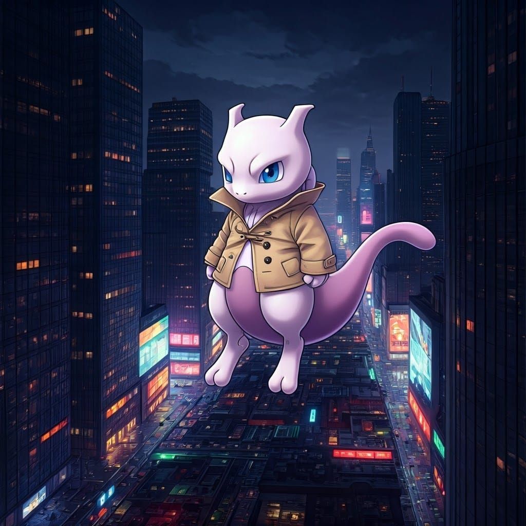Surreal Baby Mewtwo Floats Above Futuristic Cityscape in Noi...
