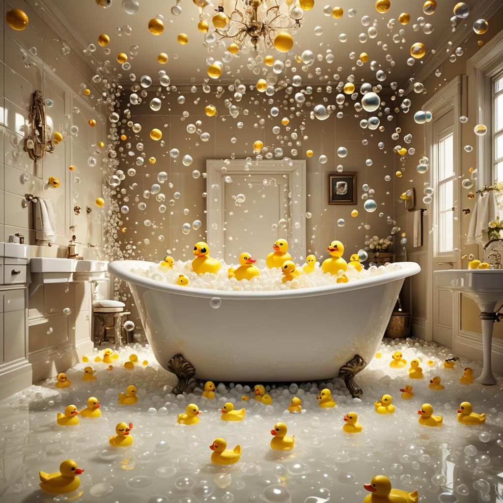 Giant Bathtub Overflowing with Rubber Ducks: 3D Illustration