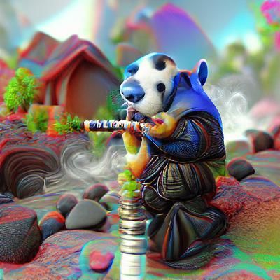 Strong Panda Monk Playing Flute 
 In Blue Shining Armor Smok...