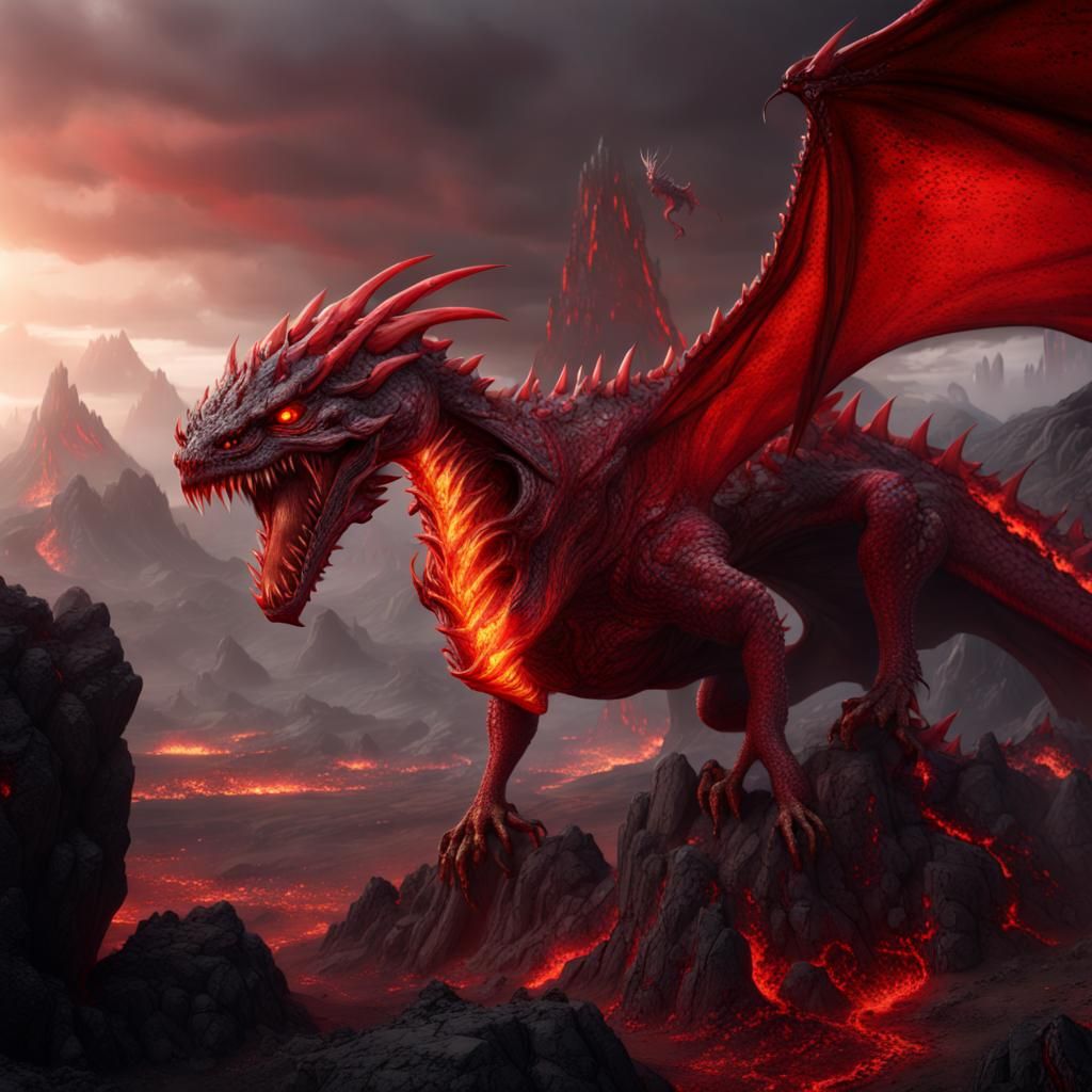 red wyvern with giant fangs with blood dripping down atop a mountain ...