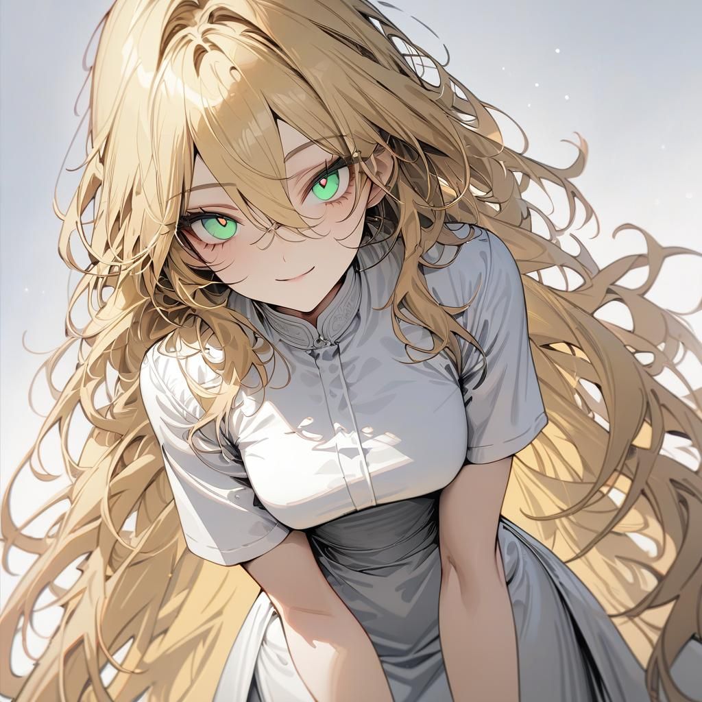 Blonde Woman with Long Hair in White Dress