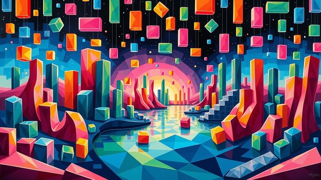Blocky Tetris core: a surreal landscape made of blocks  by @Mia