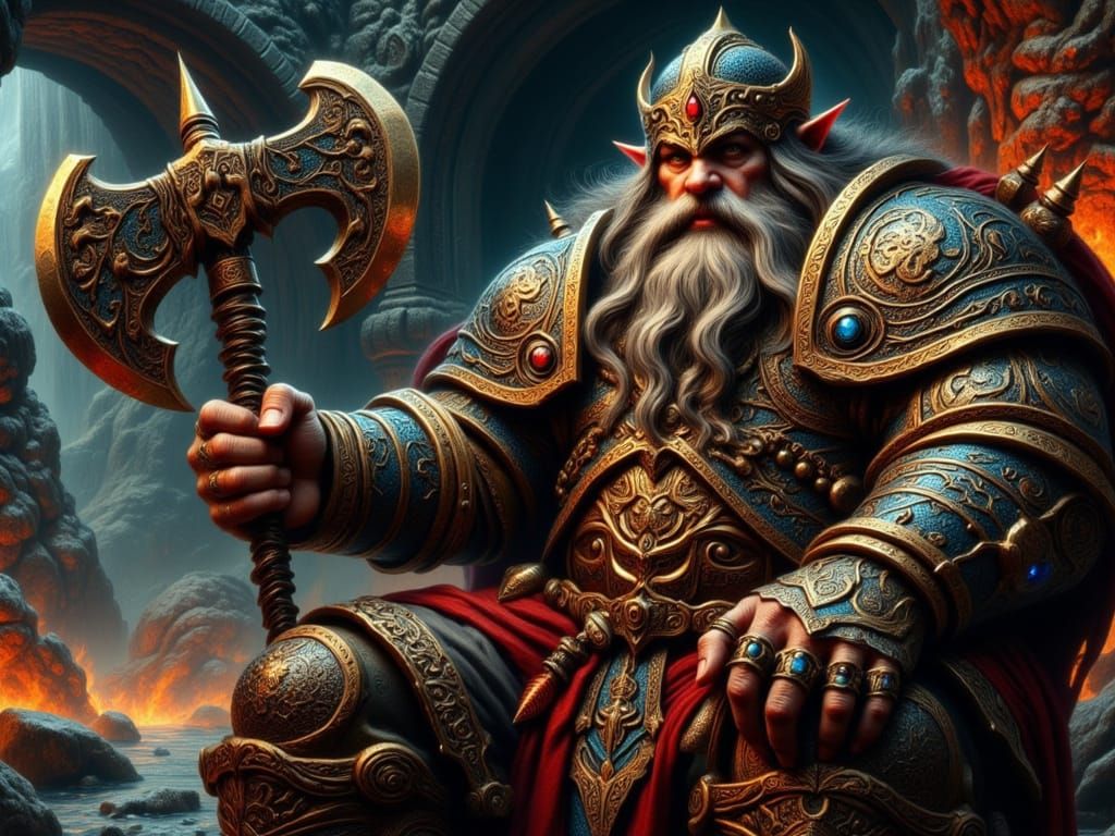 Regal Dwarven King on Throne in Underground Hall