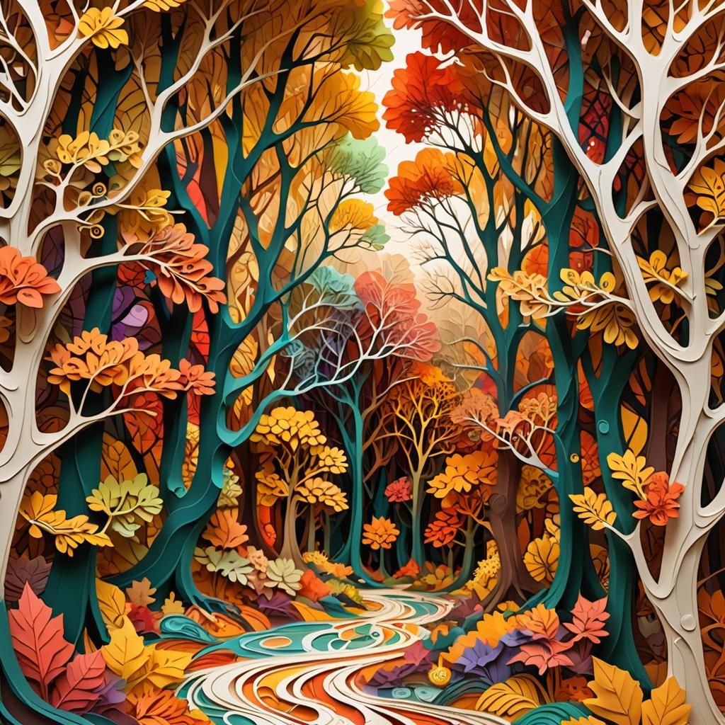 layered tissue paper art fall forest abstract vector fractal, wave function, Zentangle, 3d shading  by @Katherine Clarkson