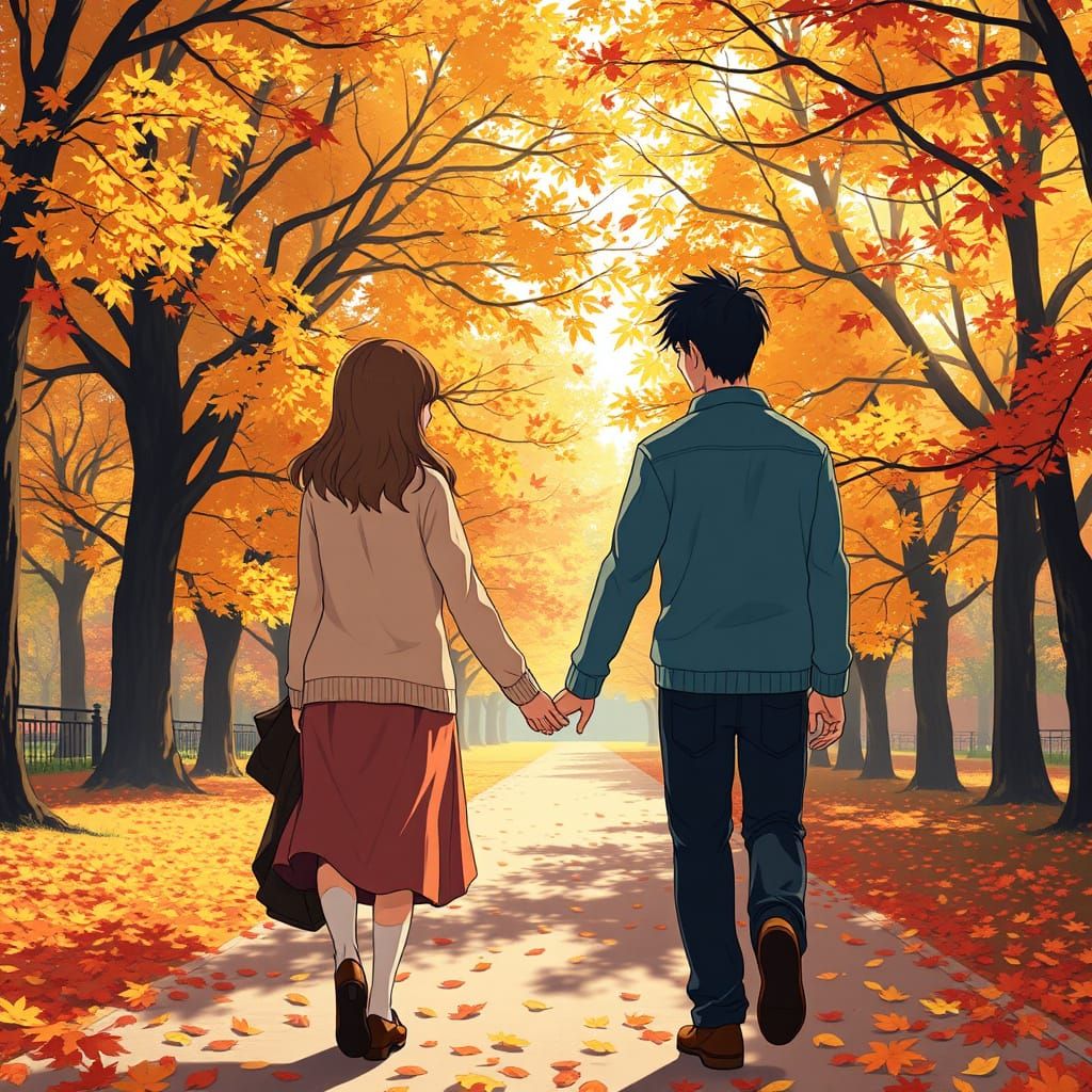 Anime Couple Stroll in Autumn Park