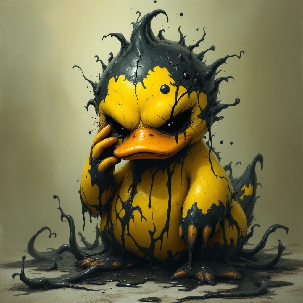 A corrupted version of Psyduck, its iconic dazed expression now warped into something unsettling. Its yellow feathers are slick with thick, ...
