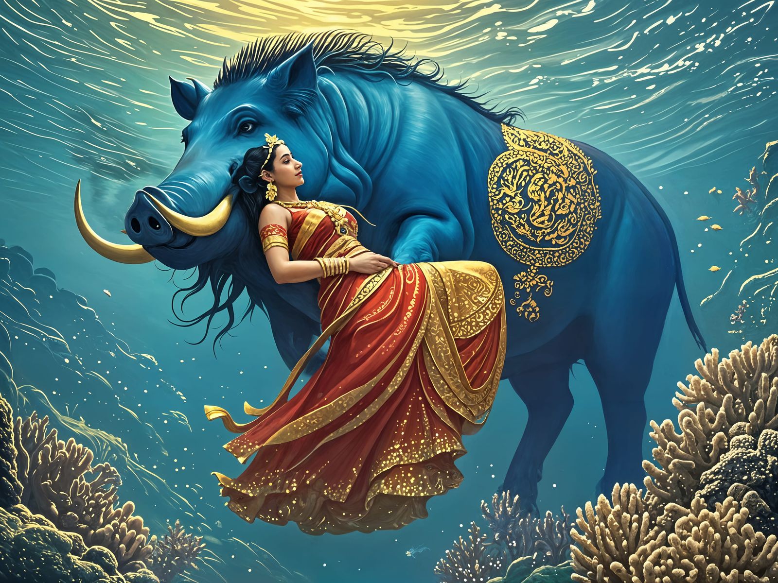 Varaha (Boar Avatar of Vishnu) rescues Earth Goddess Bhumi (corrected version)
