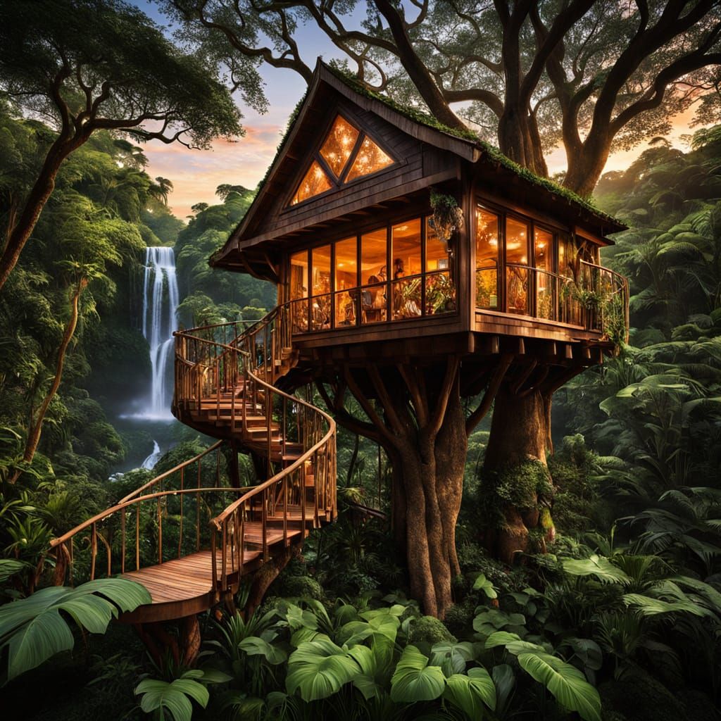 Luxurious Treehouse with Heart-Shaped Window at Sunset