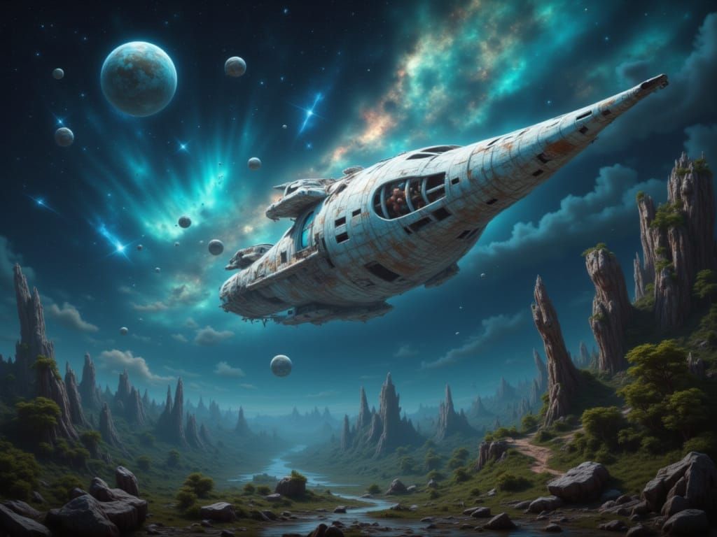 Unknown places escape vessel velocity streaming towards a place of life <lora:Civil Decay:1.0> 