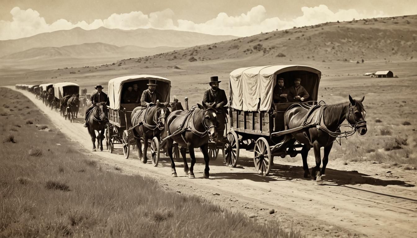 worn stained dirty Old west tin type style monotone sepia tone Lithograph photo ox drawn covered wagons  heading out into the vast plains ri...