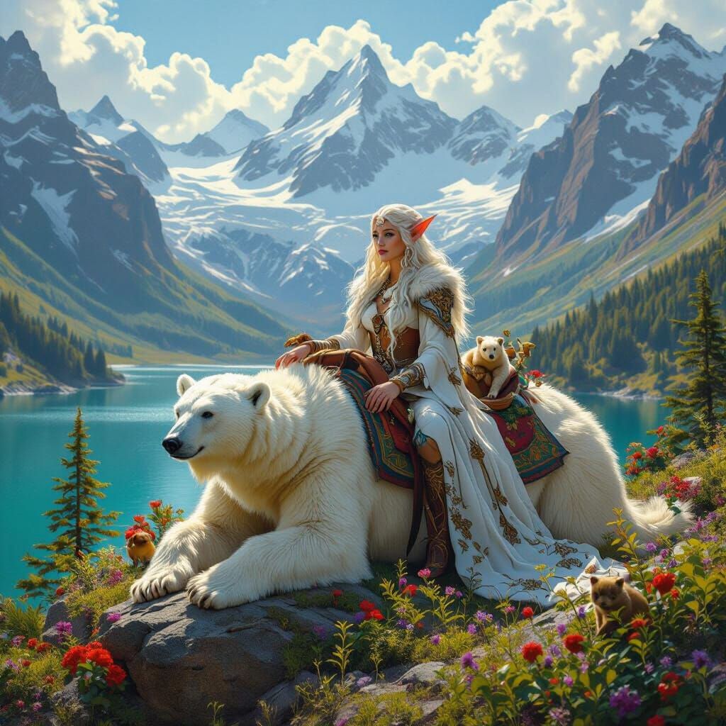  An extremely voluptuous female frost elf druid lounges wearing dragon skin robes majestically with her fluffy polar bear  freind on a saddl...
