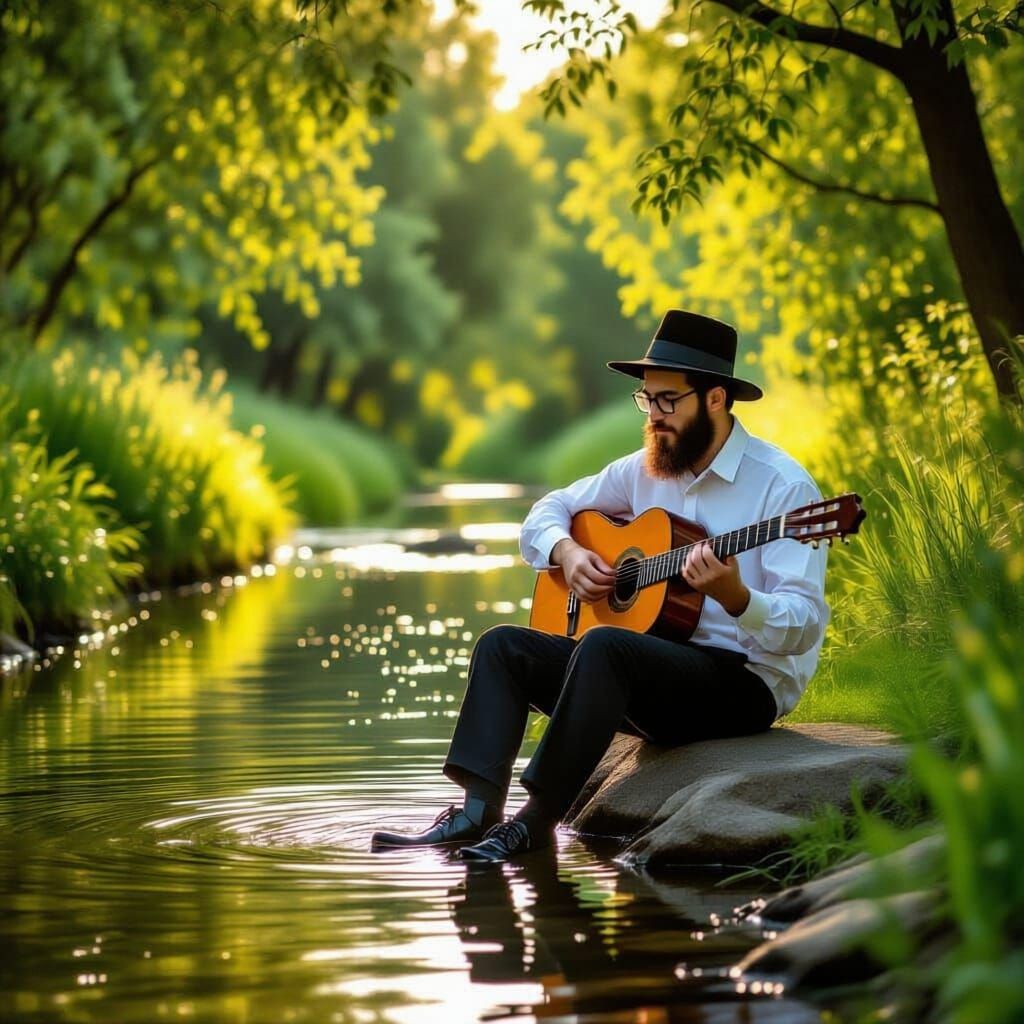 Young Man Playing Guitar by Peaceful Stream