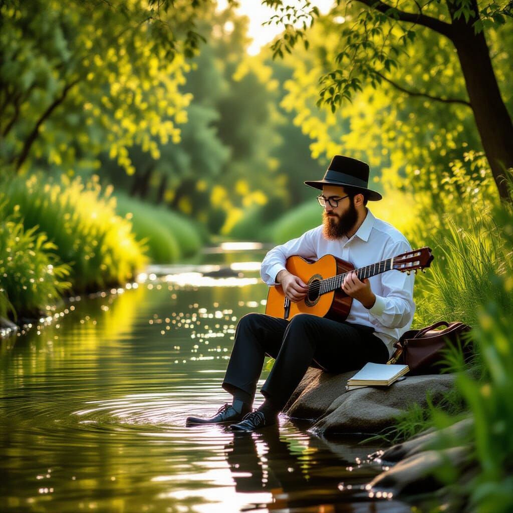בחור ישיבה חרדי יושב על שפת נחל שקט בין עצים ירוקים. סביבו דשא רך וגבוה מעט, מתנועע בעדינות ברוח של ערב קיץ. אור שמש חמים נוגע במים, יוצר הש...