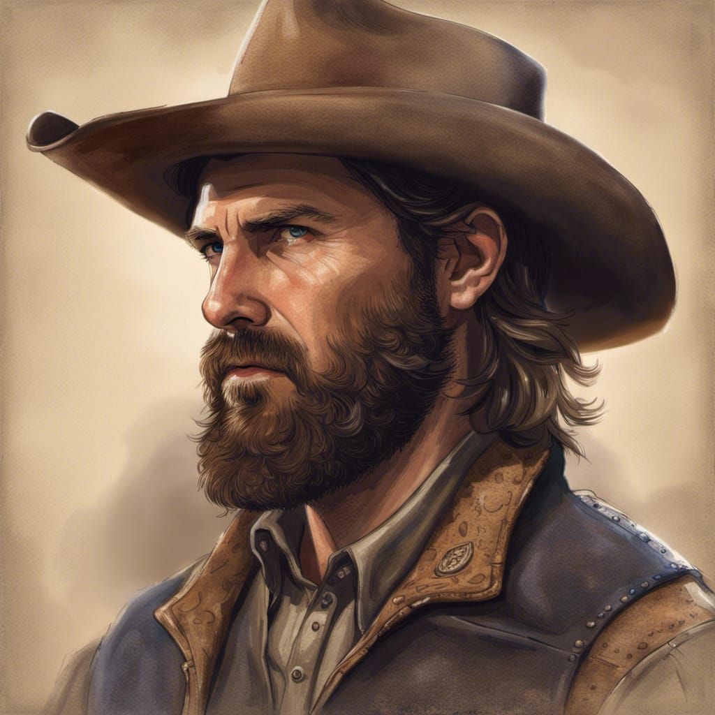 Portrait of a 35 year old, brown-haired gunslinger. He has a thick ...