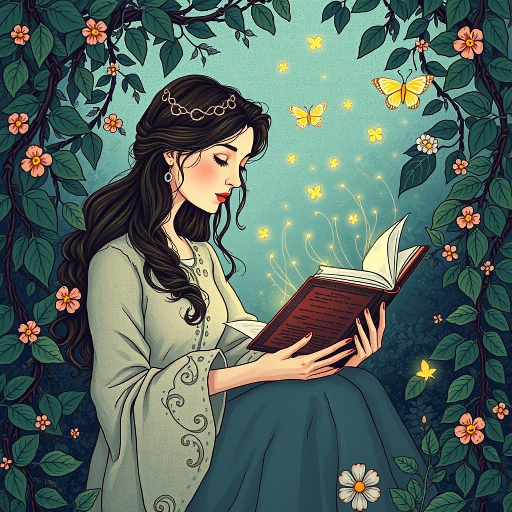 Whimsical Woman in Lush Garden Setting with Fireflies