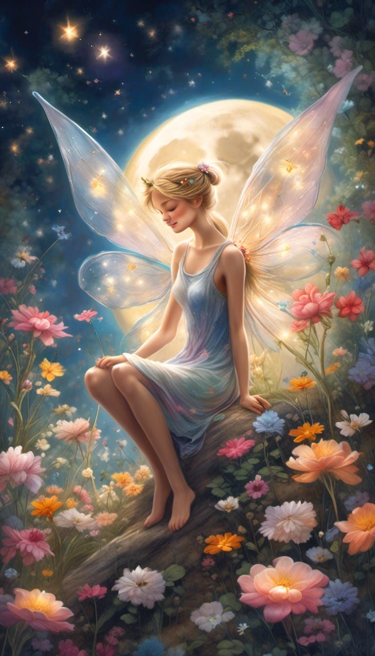 <lora:NC Hyperreal:1.0>Tinkerbell sitting on the moon. Very beautiful very detailed with flowers. Ethereal, masterpiece