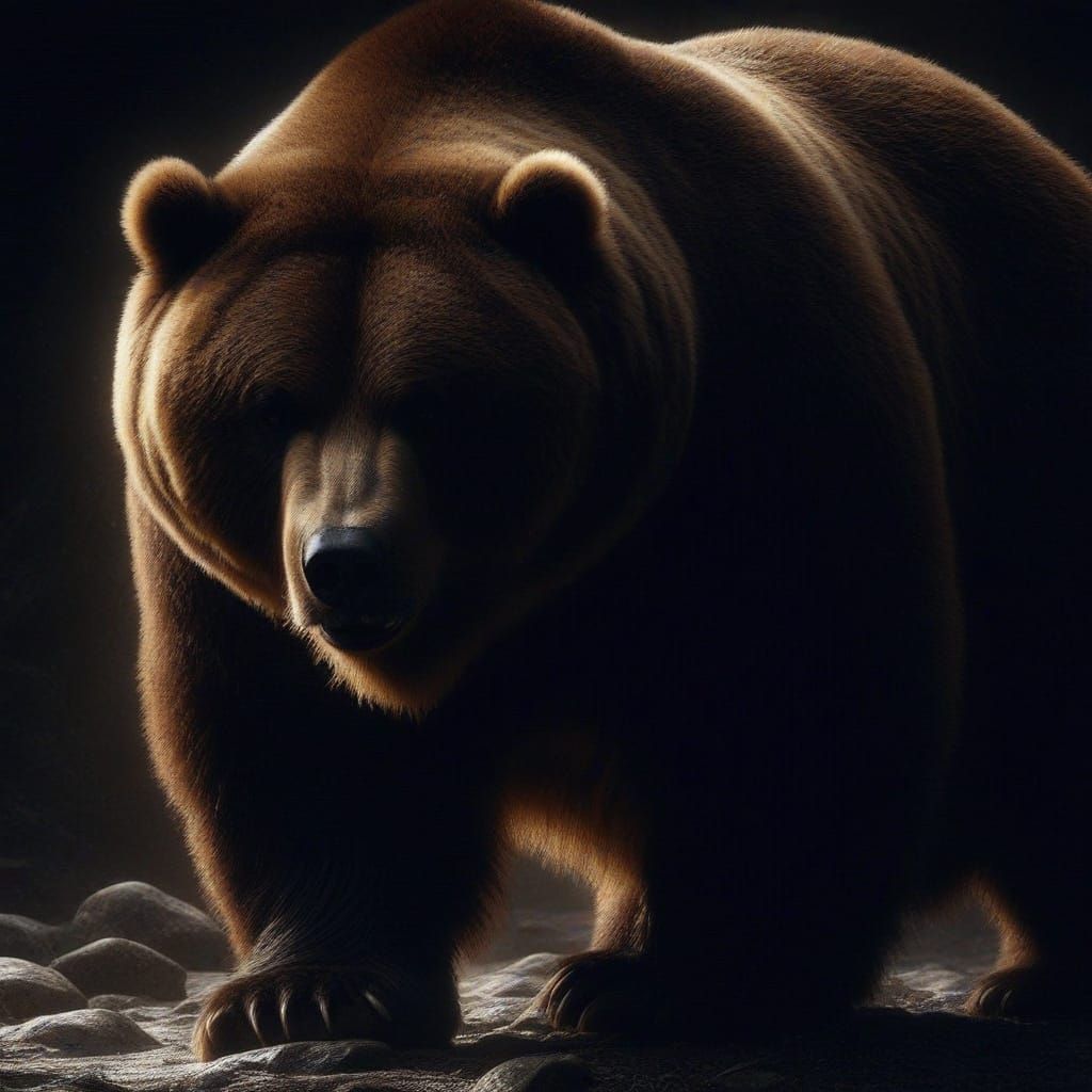 Dark photograph portrait: Obese Kodiak Bear; prowling in the shadows barely seen, massive ominous guardian presence; highlighted only by low...