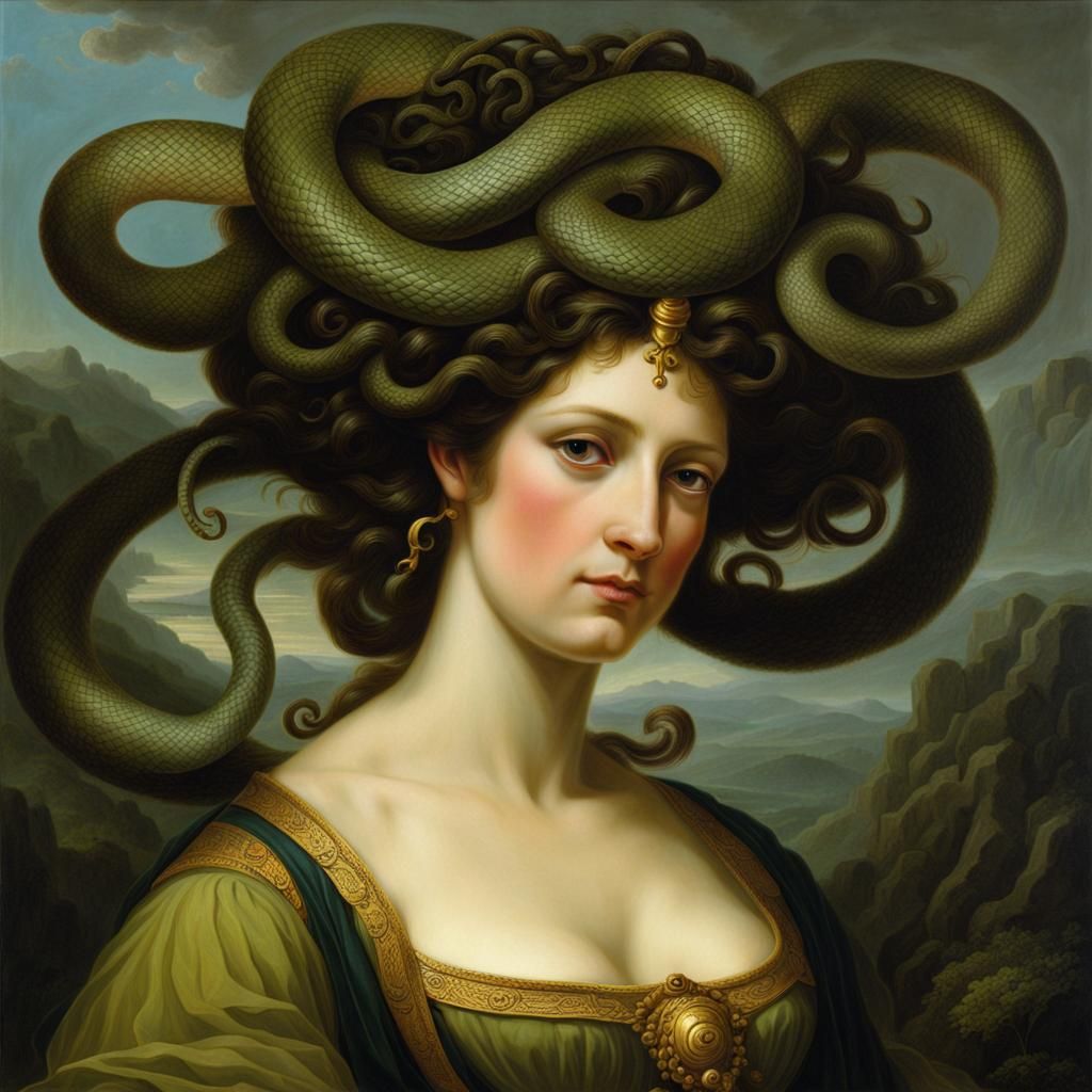 Old oil painting portrait of medusa.
