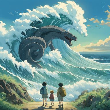 Two ghibli people and a ghibli sea monster and big waves, - AI ...