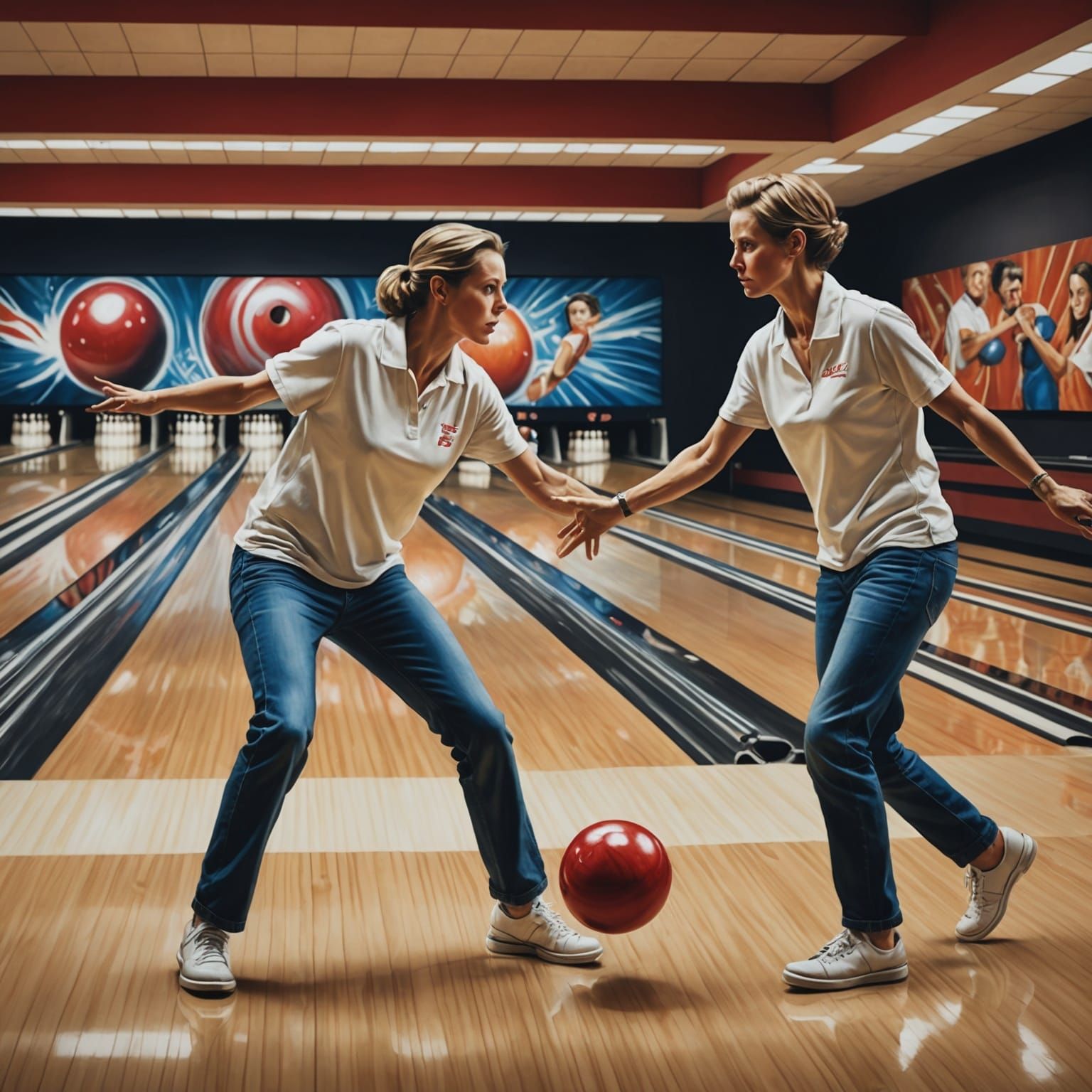 Show two people getting strikes bowling photorealistic actio...