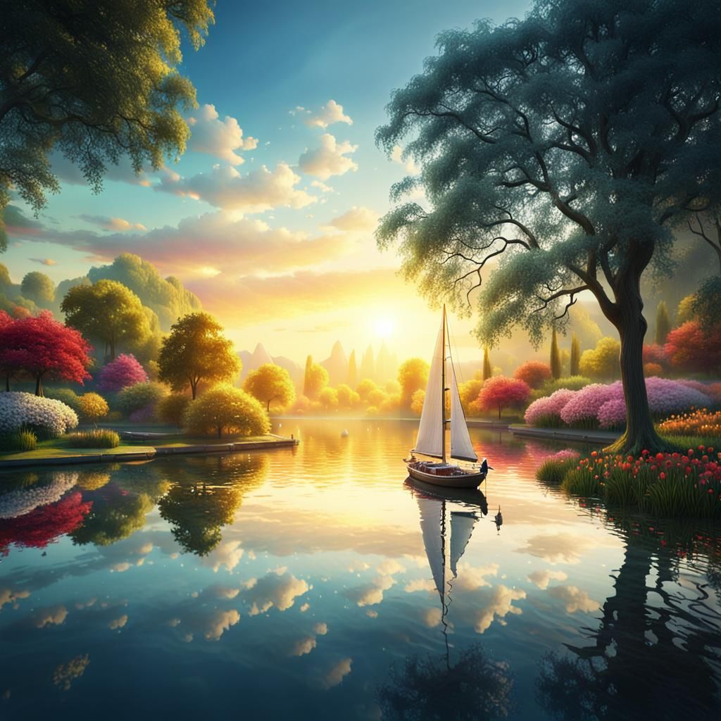 Fantastical digital matte painting. Medium shot. A sailboat in the center of a serene lake surrounded by a garden park with many trees and c...
