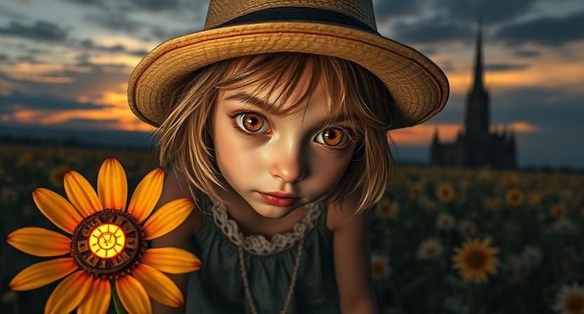 Daisy in a field of mechanical flowers