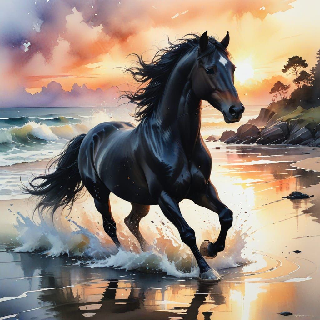 Horse Galloping on Shore at Sunrise in Watercolor Style