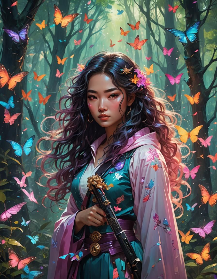 Asian woman with long curly hair, holding a weapon, magical ...