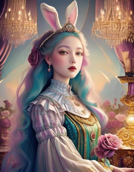 Dramatic Portrait of a Young Debutante with bunny-tiara bejewelled <lora:KBunny001:1.0> at a Victorian Banquet. beautiful hybridization. 
