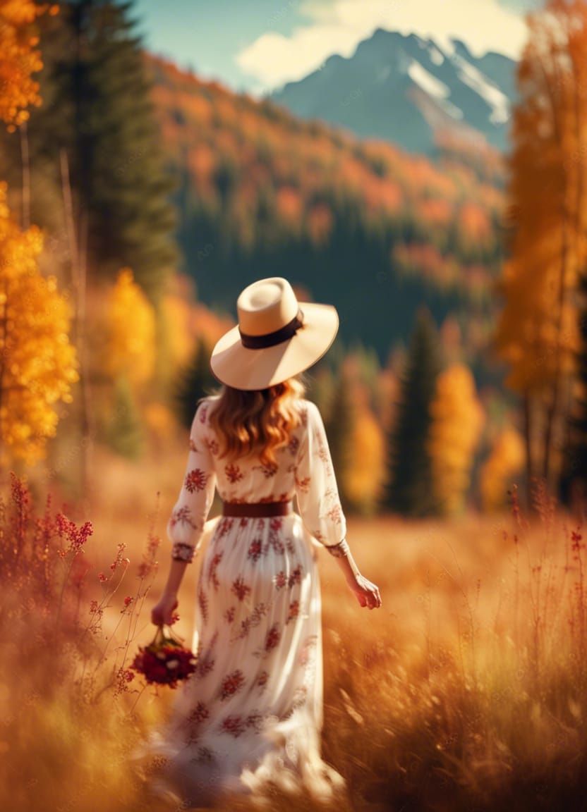 A beautiful girl in dress with flowers and a hat is walking ...