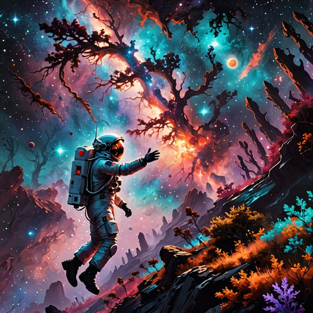 A lone astronaut adrift in a vast, swirling cosmic nebula, reaching out towards a distant, alien forest that seems to grow from stardust. Th...