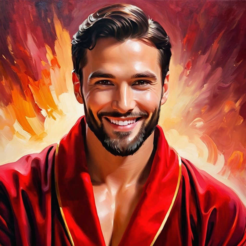 A  gorgeous cute man   wearing a    red     velours bathrobe