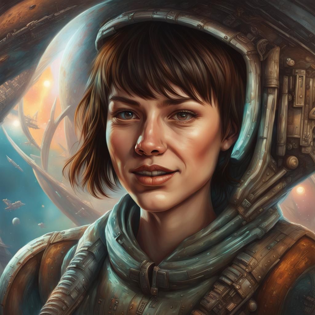 A woman's face with thin lips, brown eyes, a short hair litt...