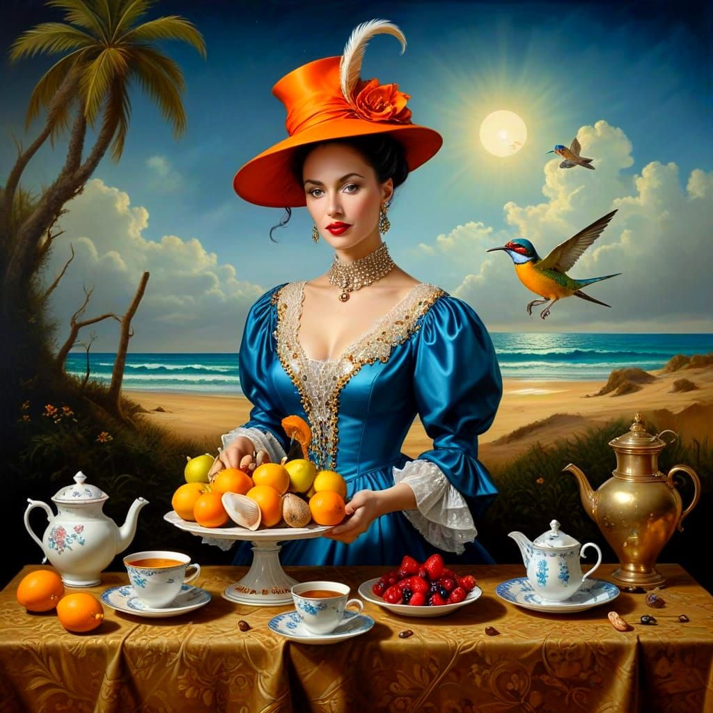 Surrealistic Portrait of a Happy Lady in Vibrant Haute Coutu...