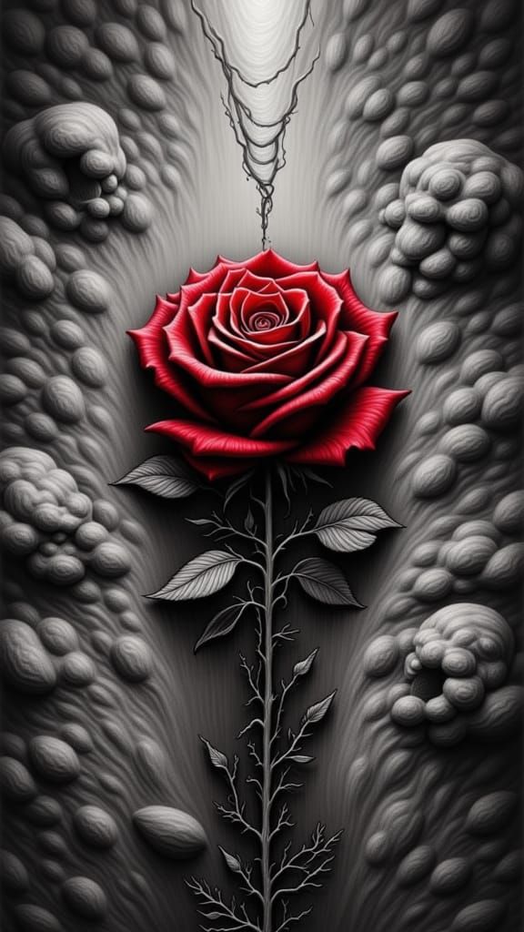 <lora:Graphite Rose 1:1.0> A red rose stands out as his  emotion against the graphite grayscale of forced identity ,