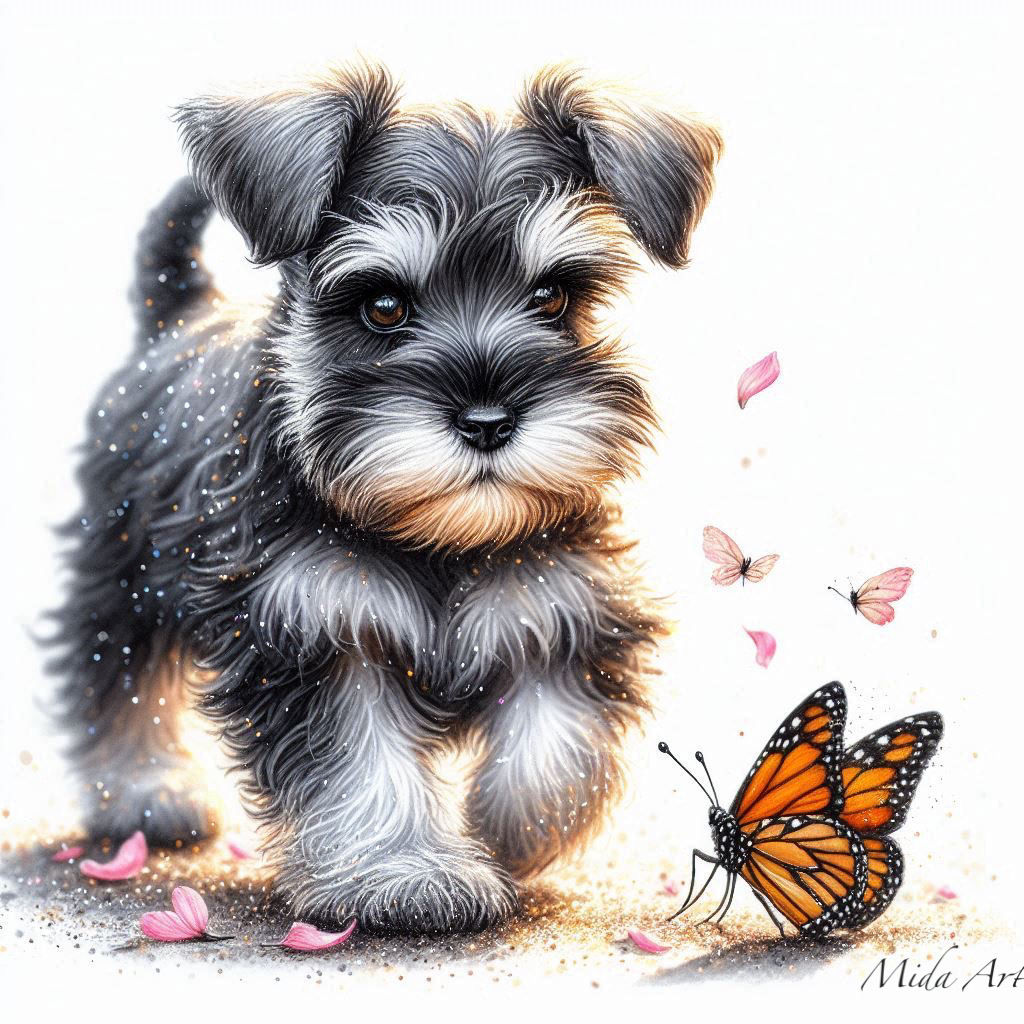 Zwergschnauzer und Schmetterling
