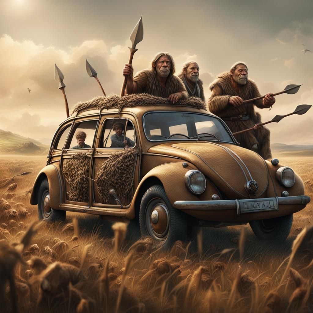 High quality, macro shot with linework, three Neanderthal hunters dressed in animal skins with wooden ...  by @Deacon